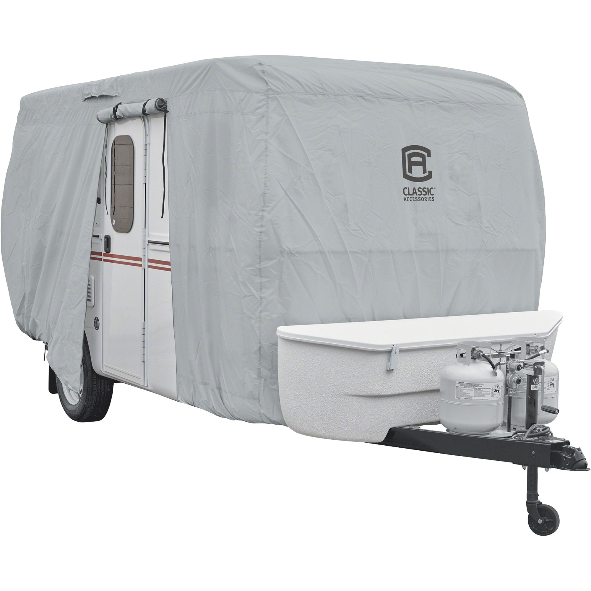 Classic Accessories PermaPRO Deluxe Molded Fiberglass Travel Trailer Cover, Gray, Fits 8ft.L-10ft.L Molded Fiberglass Travel Trailers, Model# 80-407-141001-RT